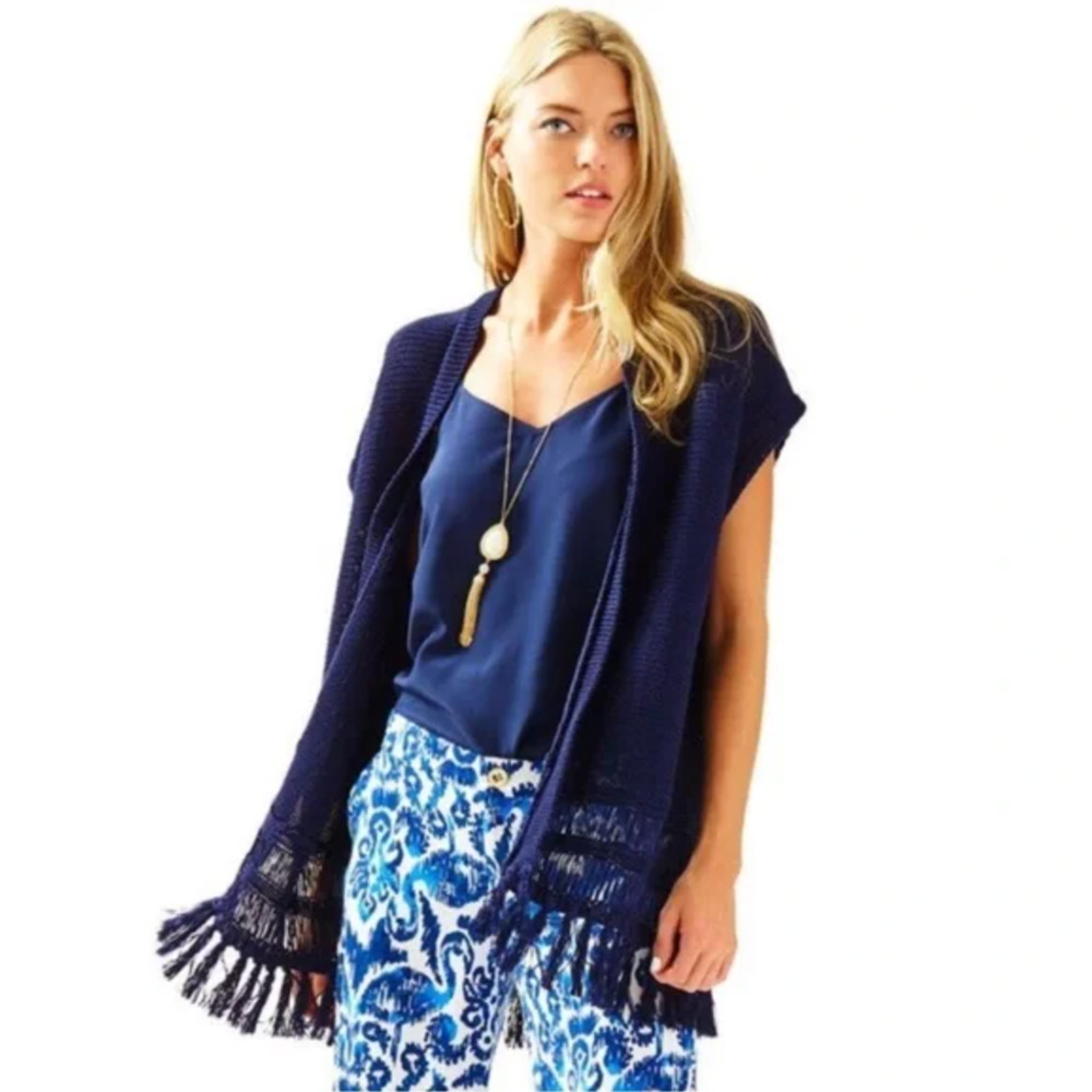 Lilly Pulitzer Bedford Sleeveless Knit Cardigan Vest Sz XXS Navy Fringe Western
